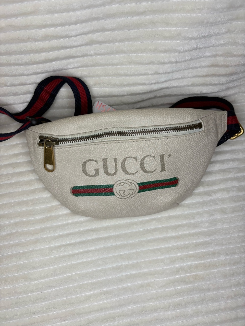 Gucci Cream Leather Logo Belt Bag with Green & Red Web Stripe w COA